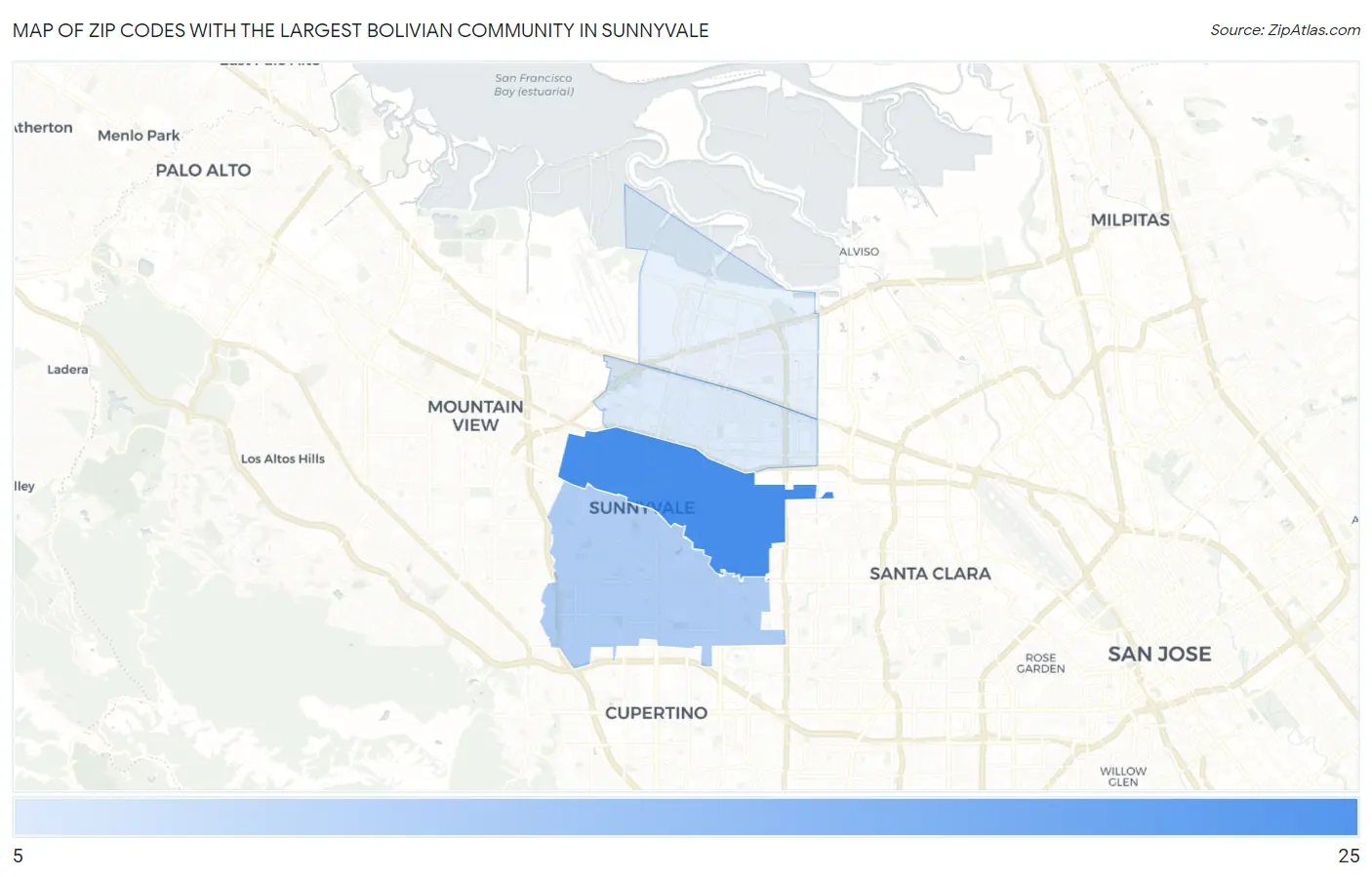 Zip Codes with the Largest Bolivian Community in Sunnyvale Map