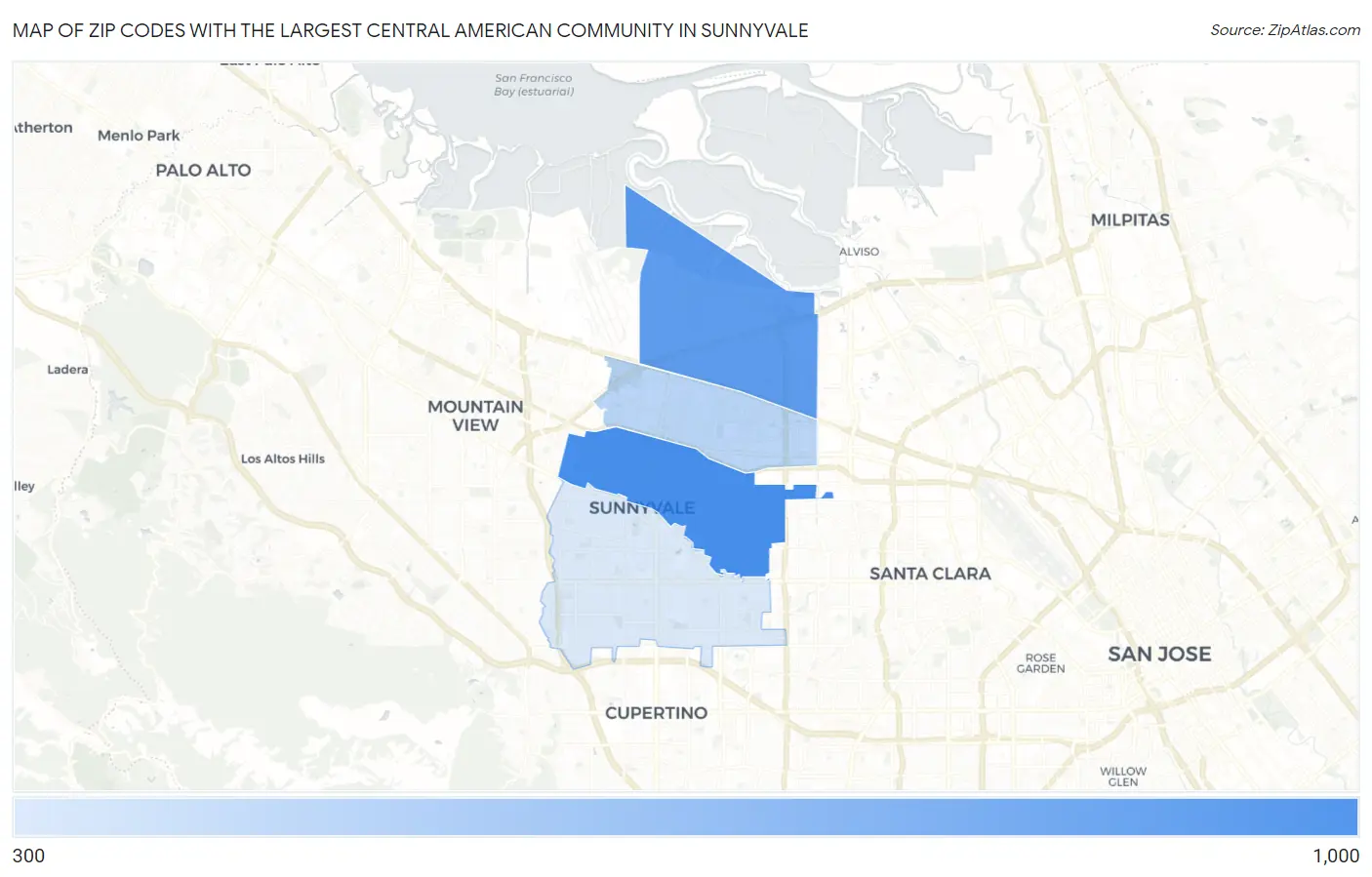Zip Codes with the Largest Central American Community in Sunnyvale Map