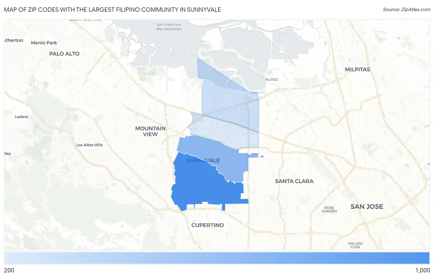 Zip Codes with the Largest Filipino Community in Sunnyvale Map