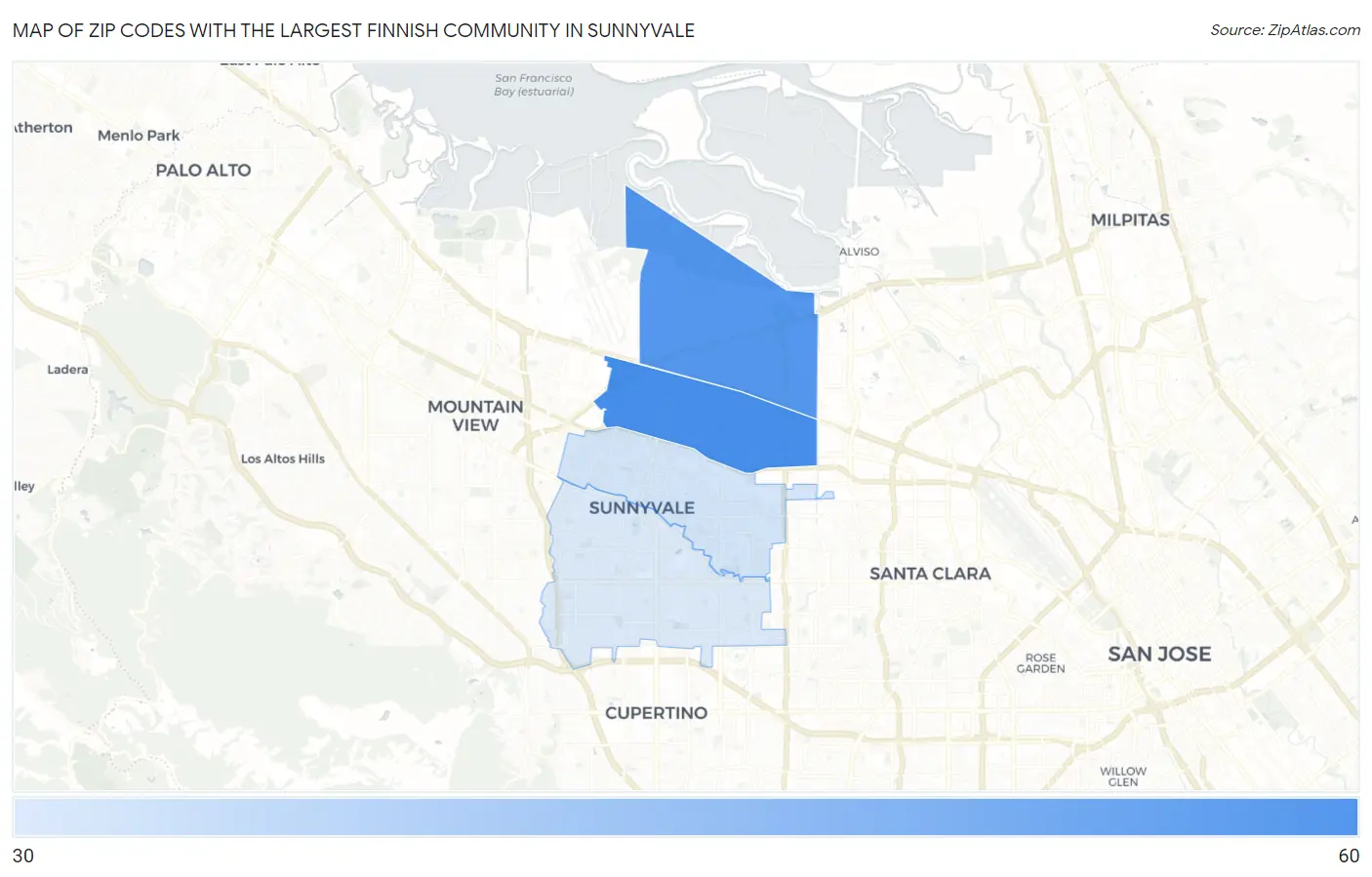 Zip Codes with the Largest Finnish Community in Sunnyvale Map