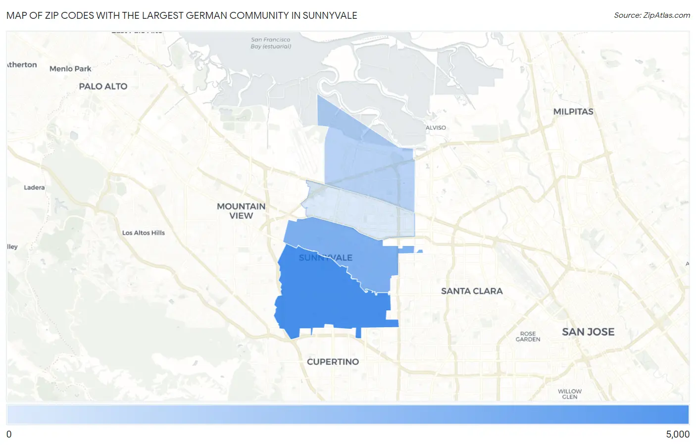 Zip Codes with the Largest German Community in Sunnyvale Map