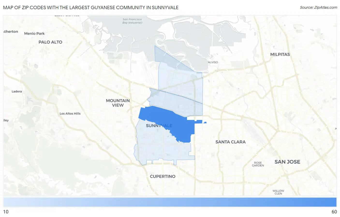 Zip Codes with the Largest Guyanese Community in Sunnyvale Map