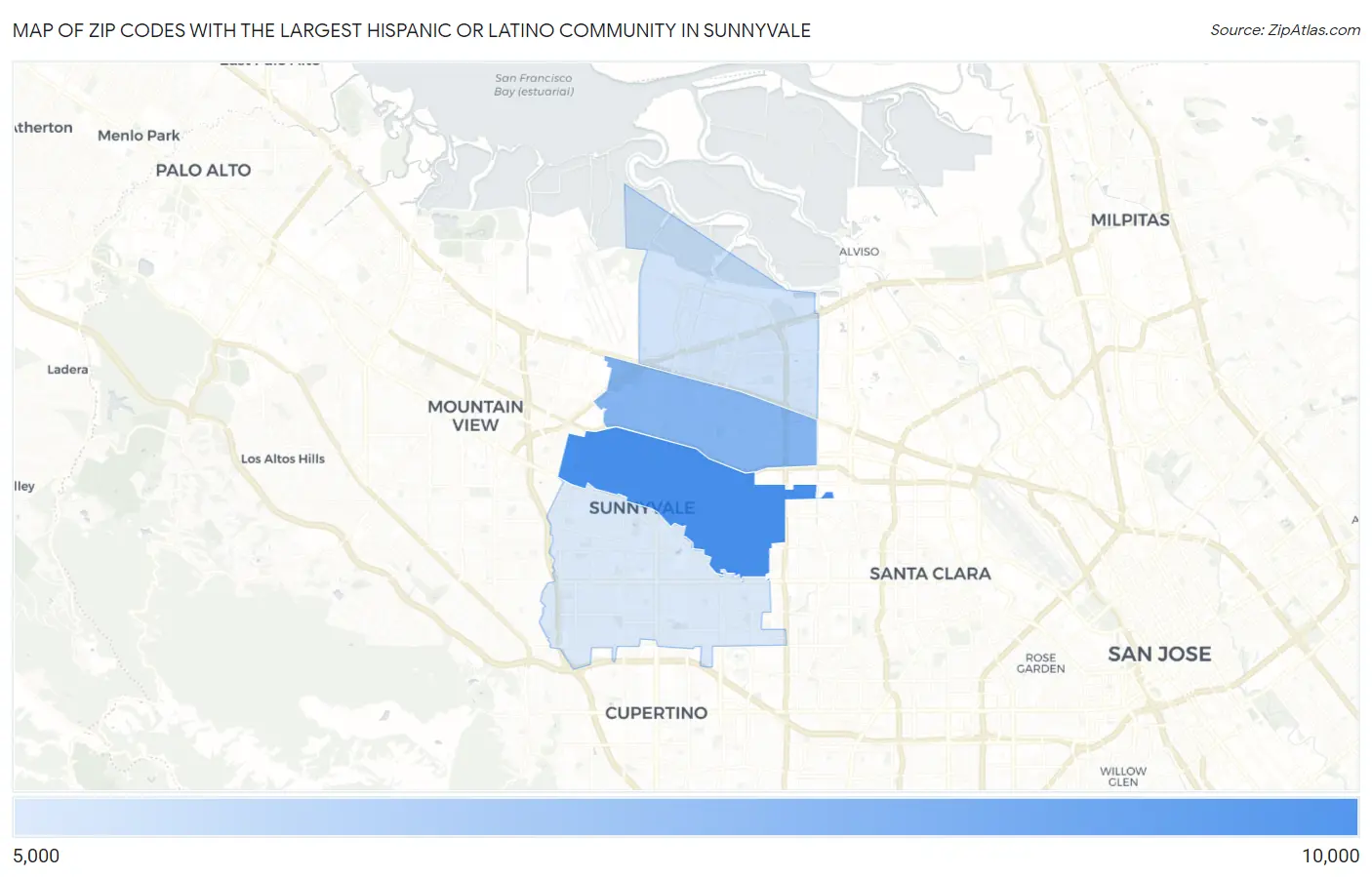 Zip Codes with the Largest Hispanic or Latino Community in Sunnyvale Map