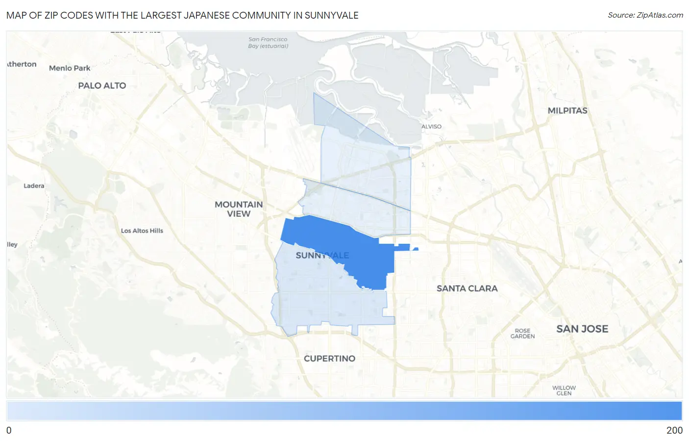 Zip Codes with the Largest Japanese Community in Sunnyvale Map