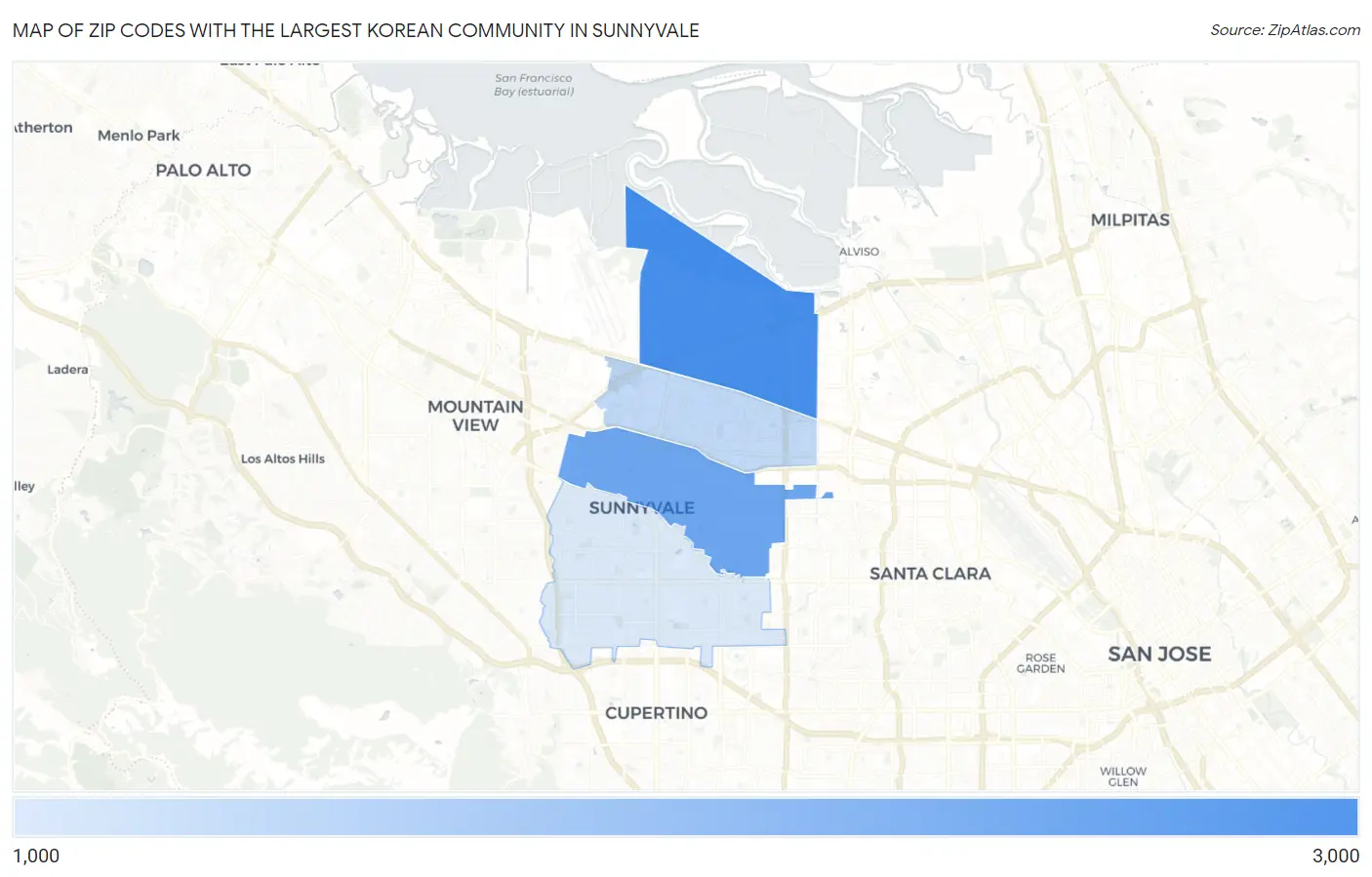 Zip Codes with the Largest Korean Community in Sunnyvale Map