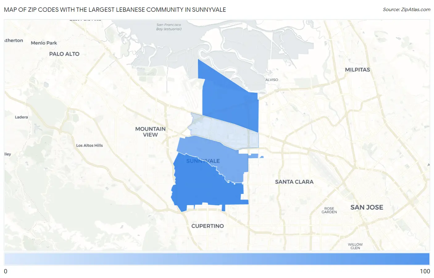 Zip Codes with the Largest Lebanese Community in Sunnyvale Map