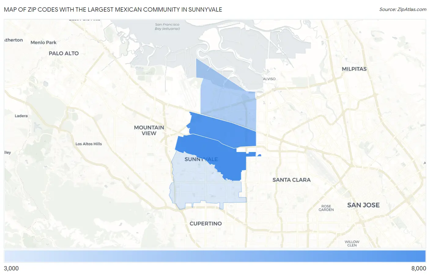 Zip Codes with the Largest Mexican Community in Sunnyvale Map