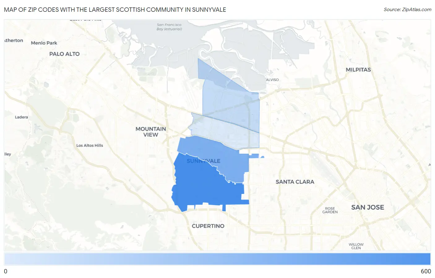 Zip Codes with the Largest Scottish Community in Sunnyvale Map