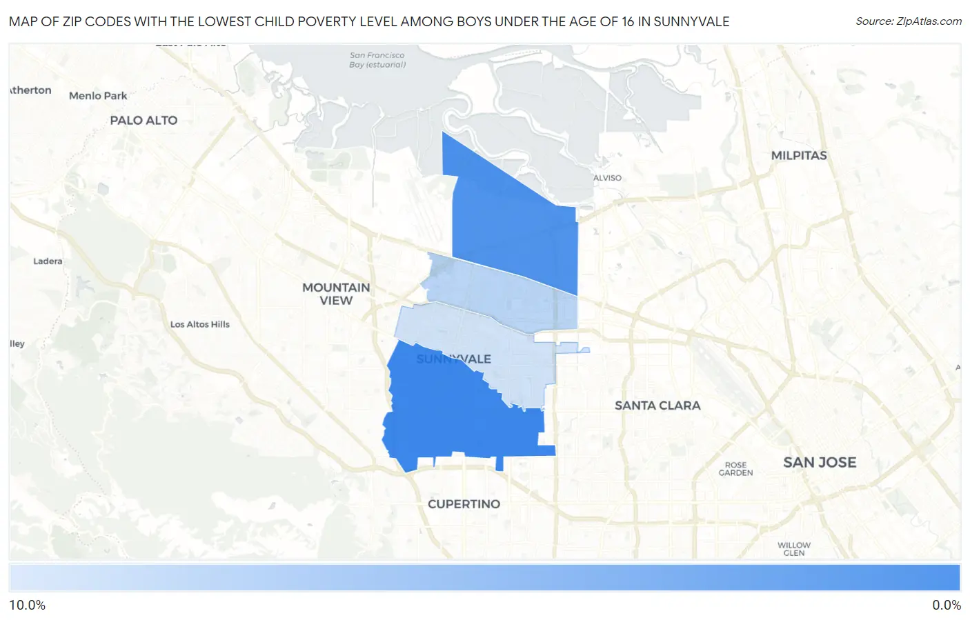 Zip Codes with the Lowest Child Poverty Level Among Boys Under the Age of 16 in Sunnyvale Map