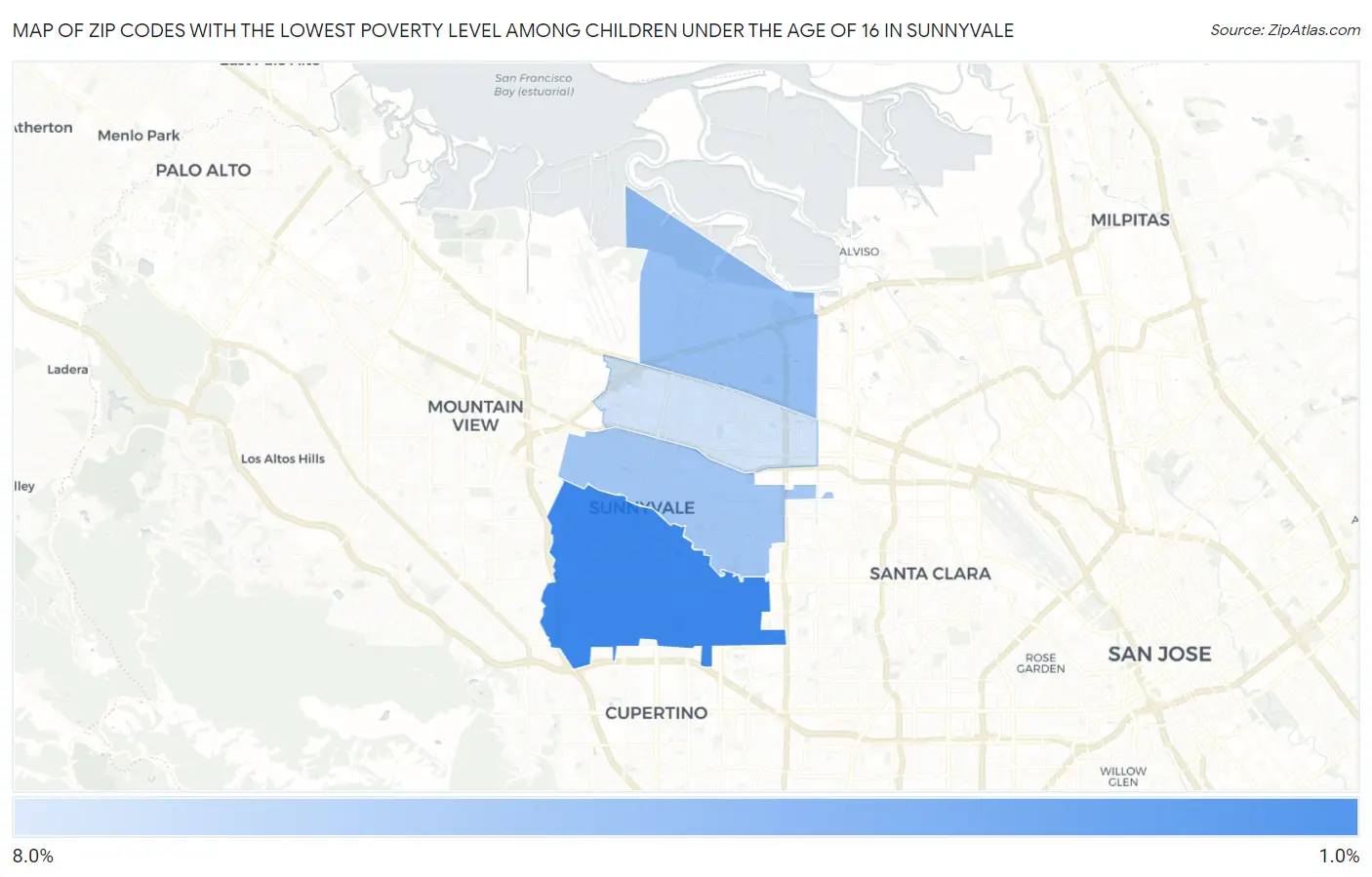 Zip Codes with the Lowest Poverty Level Among Children Under the Age of 16 in Sunnyvale Map