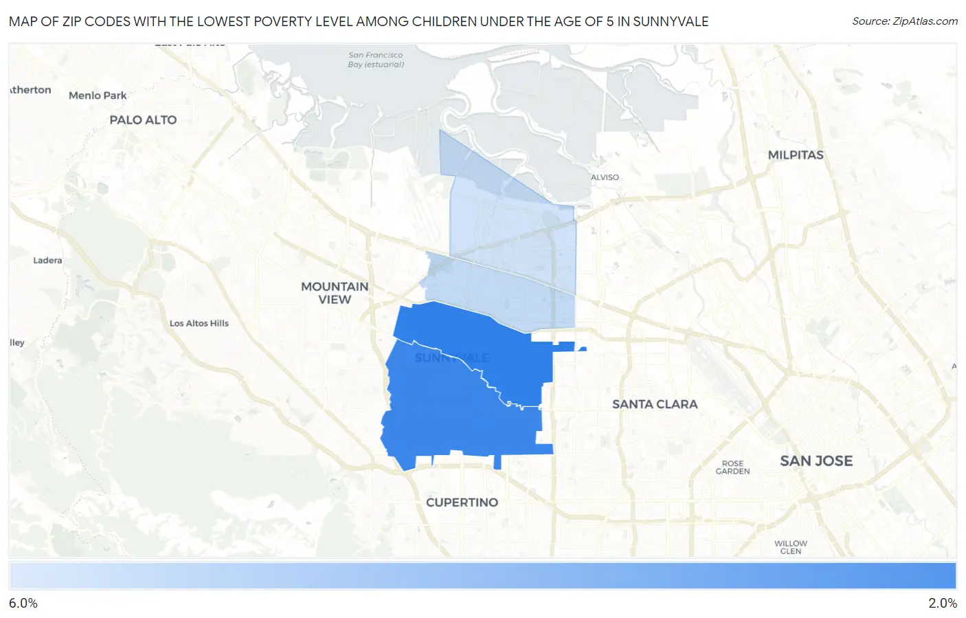 Zip Codes with the Lowest Poverty Level Among Children Under the Age of 5 in Sunnyvale Map