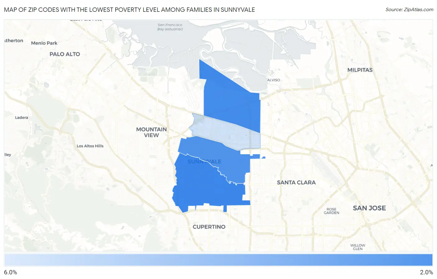 Zip Codes with the Lowest Poverty Level Among Families in Sunnyvale Map