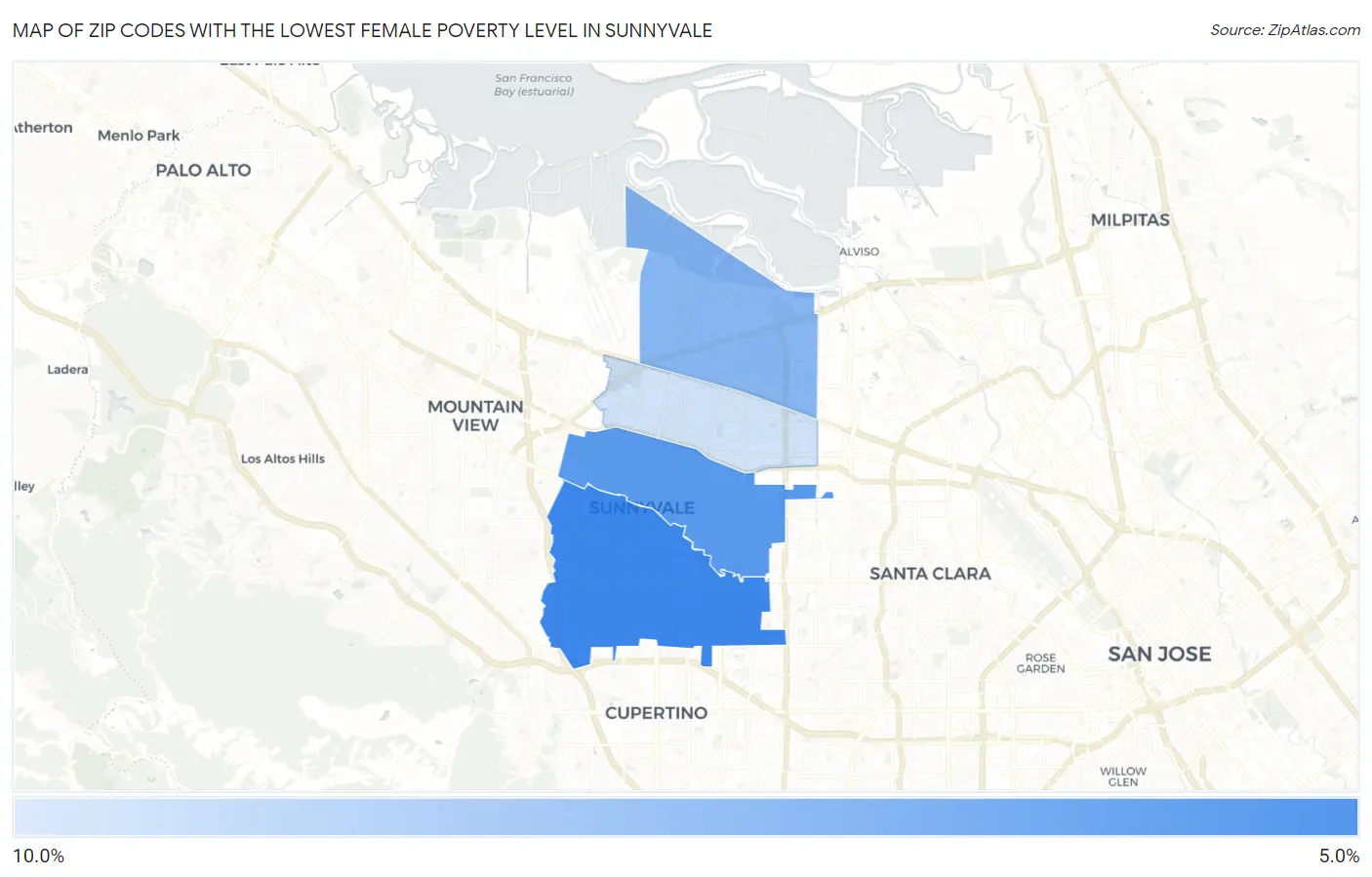Zip Codes with the Lowest Female Poverty Level in Sunnyvale Map