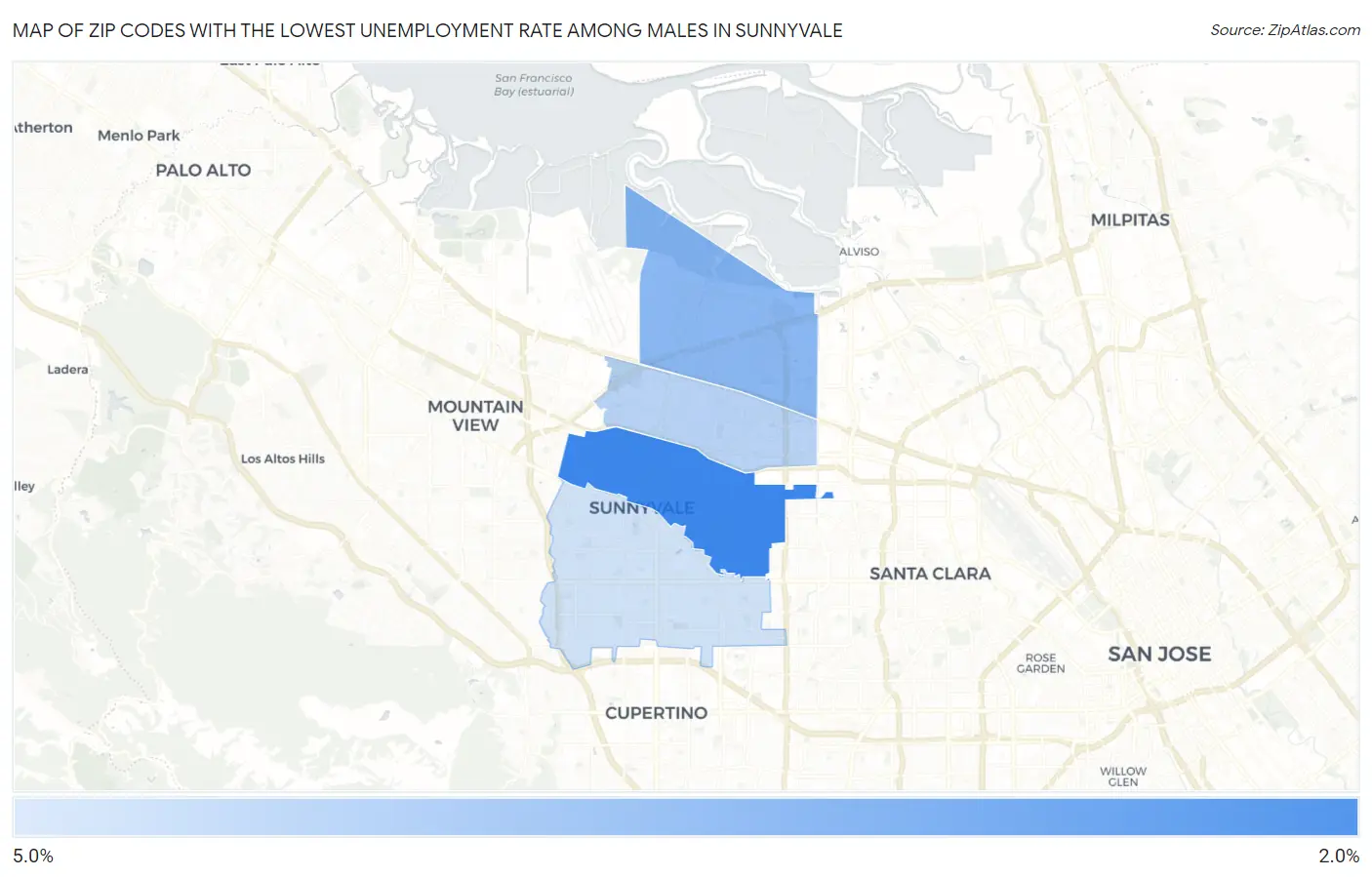 Zip Codes with the Lowest Unemployment Rate Among Males in Sunnyvale Map
