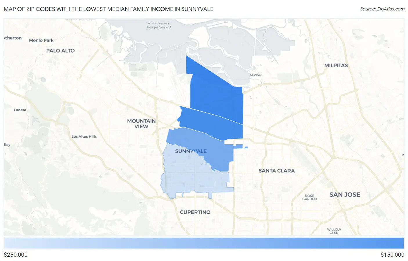 Zip Codes with the Lowest Median Family Income in Sunnyvale Map