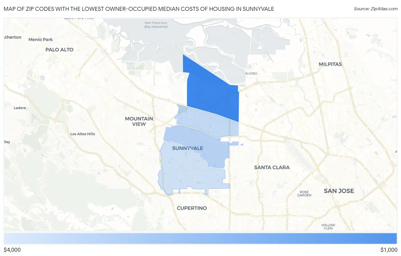 Zip Codes with the Lowest Owner-Occupied Median Costs of Housing in Sunnyvale Map