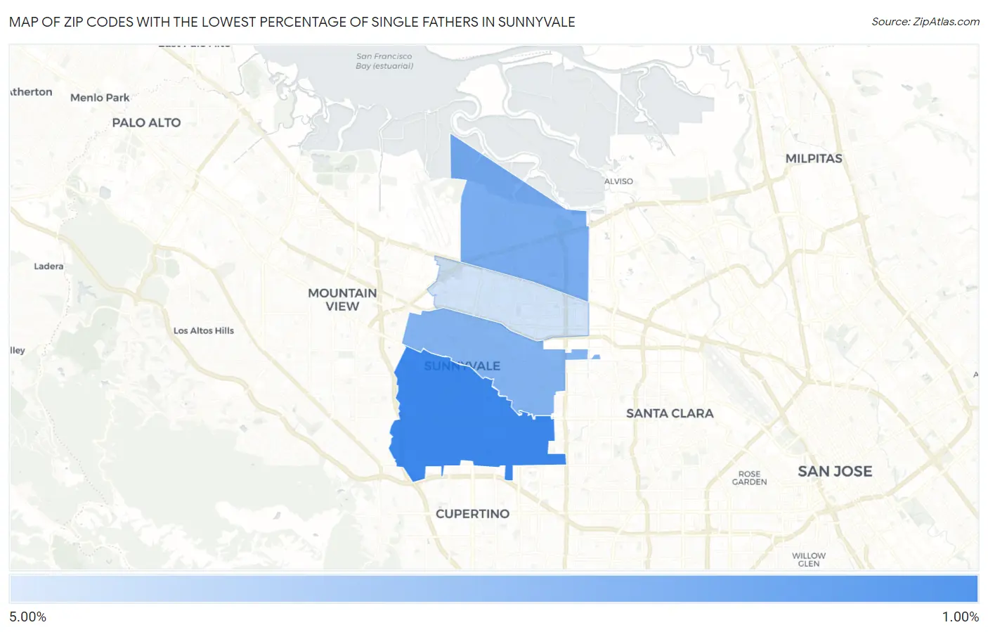 Zip Codes with the Lowest Percentage of Single Fathers in Sunnyvale Map