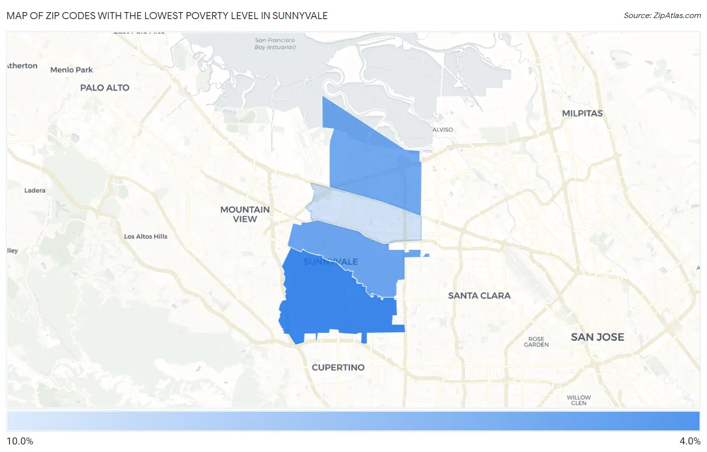 Zip Codes with the Lowest Poverty Level in Sunnyvale Map