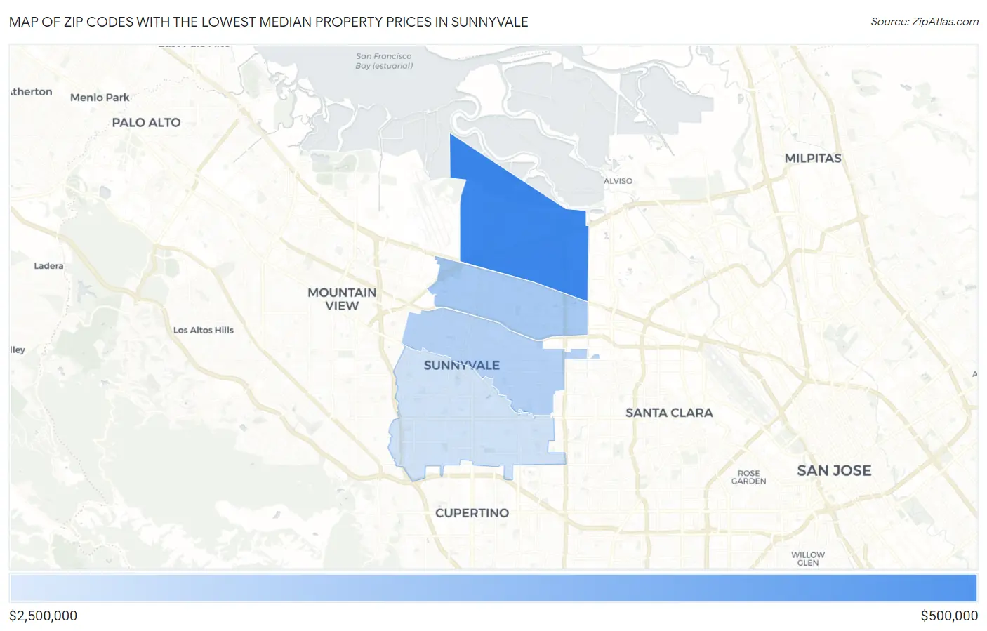 Zip Codes with the Lowest Median Property Prices in Sunnyvale Map