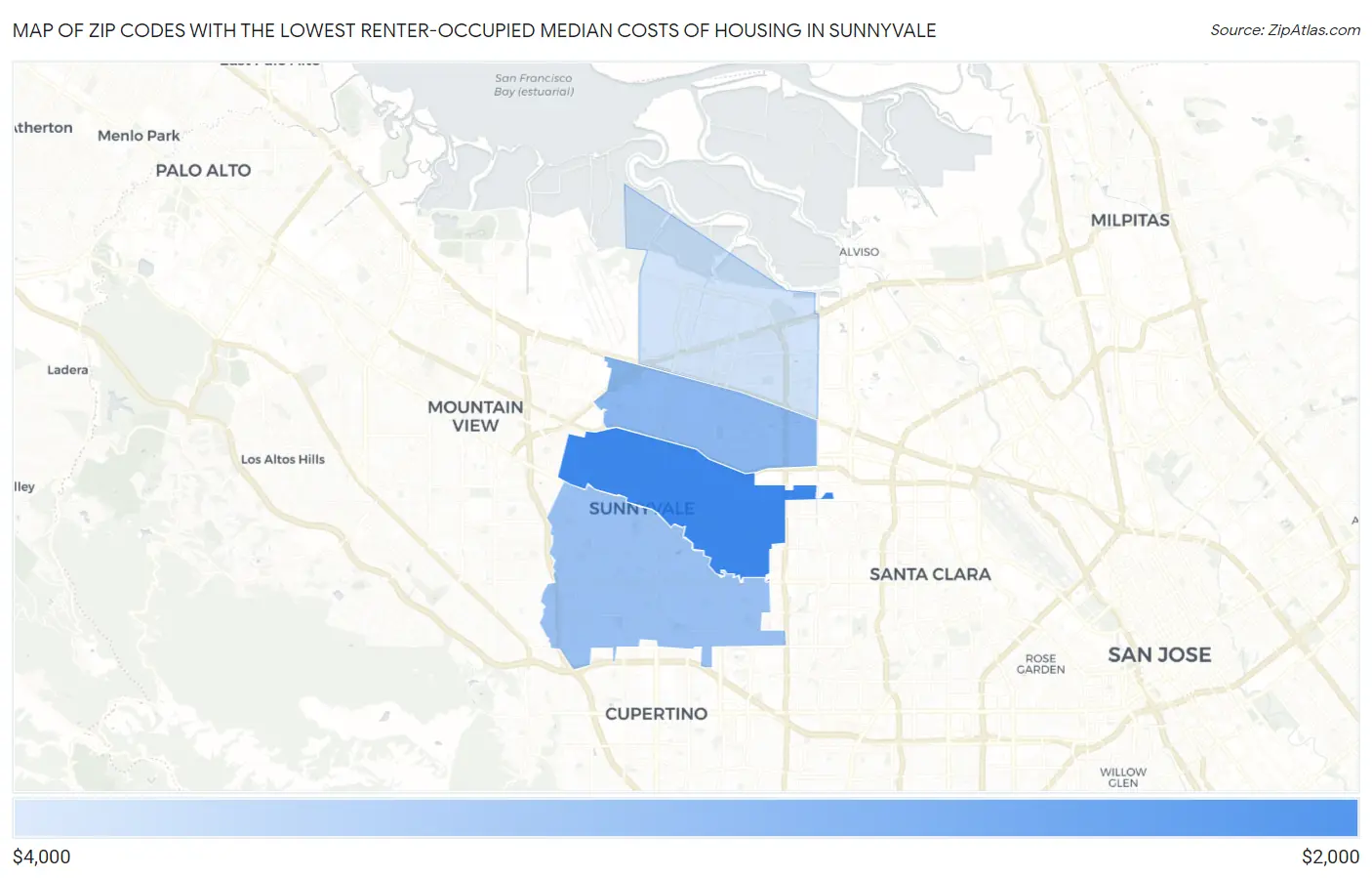 Zip Codes with the Lowest Renter-Occupied Median Costs of Housing in Sunnyvale Map