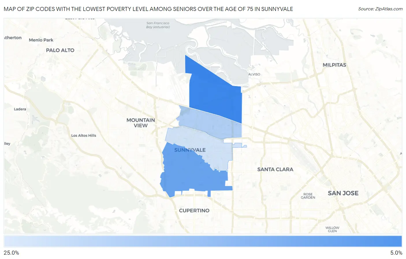 Zip Codes with the Lowest Poverty Level Among Seniors Over the Age of 75 in Sunnyvale Map
