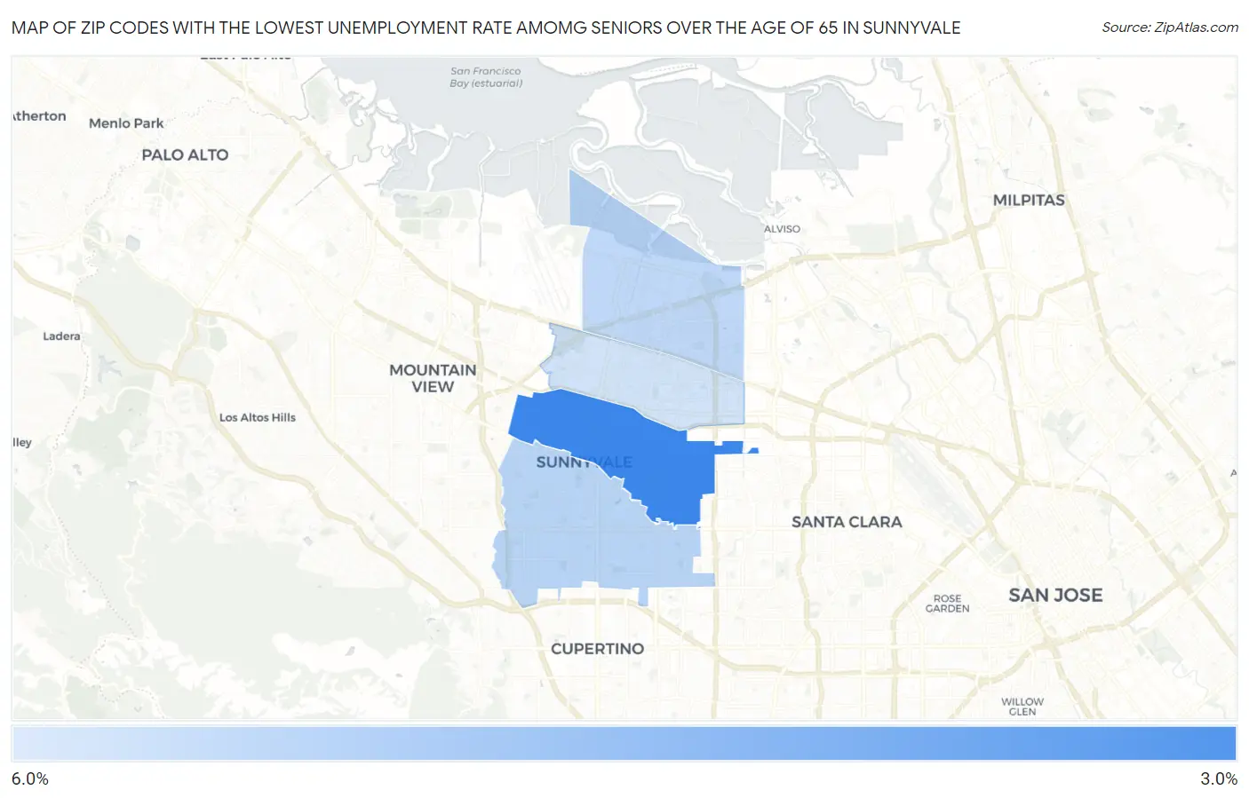 Zip Codes with the Lowest Unemployment Rate Amomg Seniors Over the Age of 65 in Sunnyvale Map