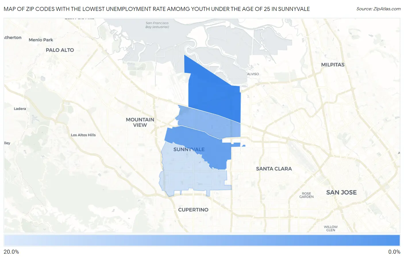 Zip Codes with the Lowest Unemployment Rate Amomg Youth Under the Age of 25 in Sunnyvale Map