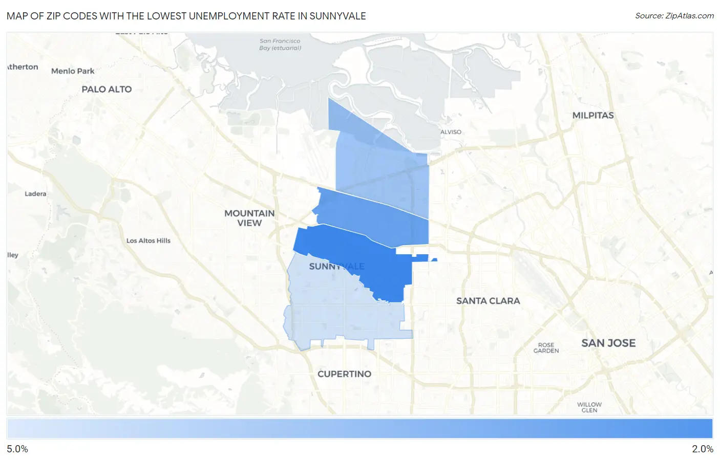 Zip Codes with the Lowest Unemployment Rate in Sunnyvale Map