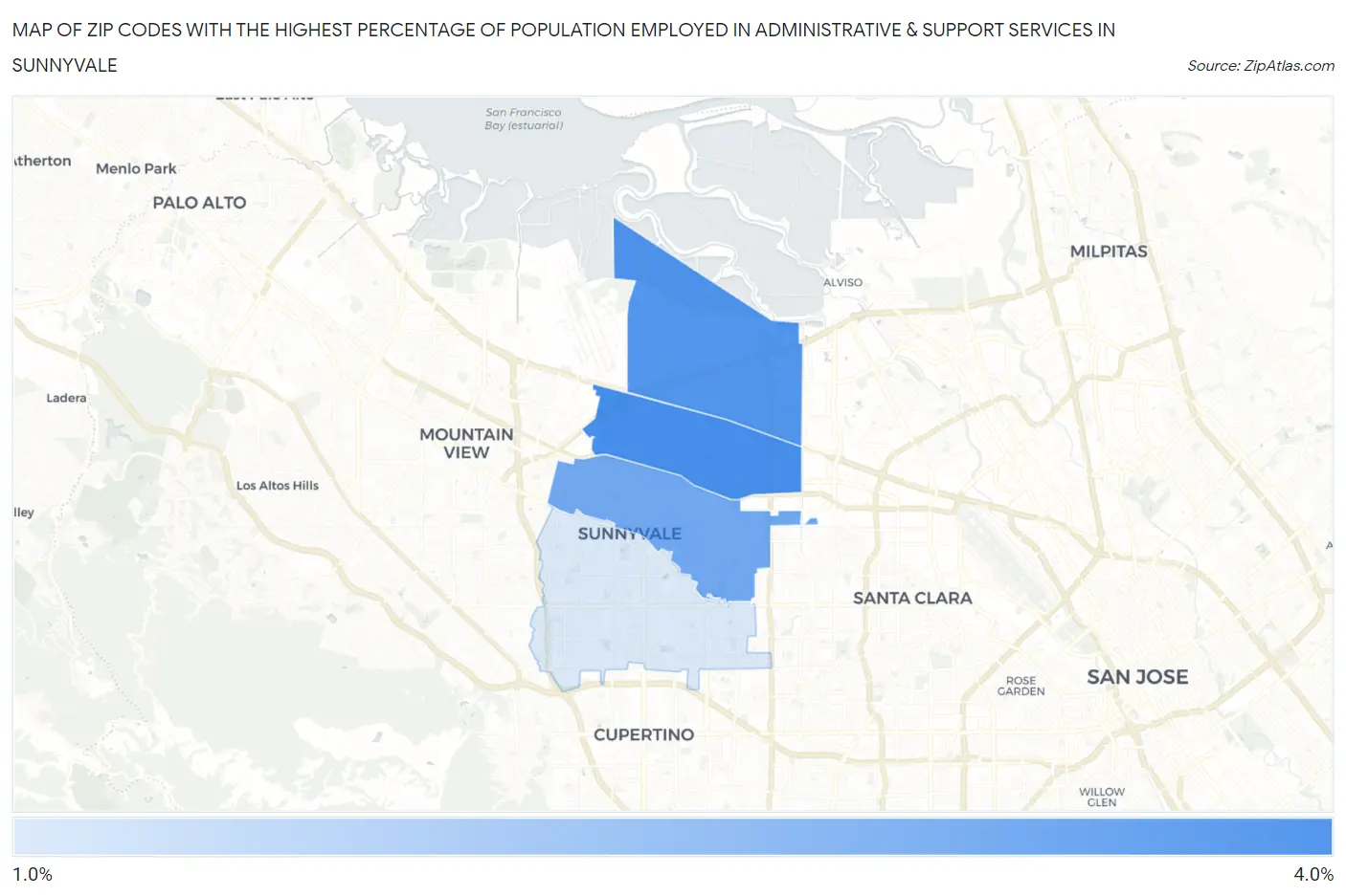 Zip Codes with the Highest Percentage of Population Employed in Administrative & Support Services in Sunnyvale Map