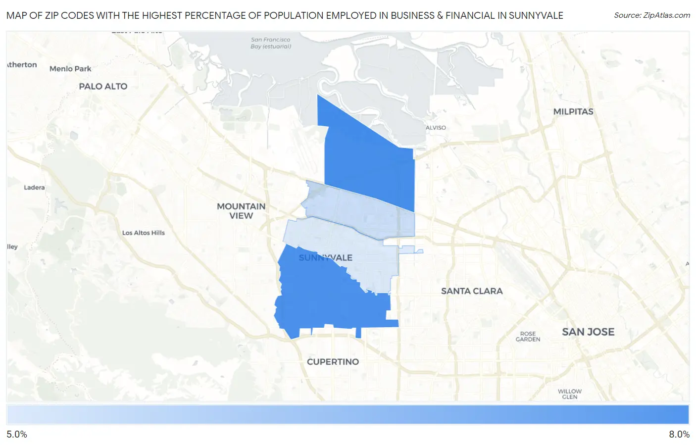 Zip Codes with the Highest Percentage of Population Employed in Business & Financial in Sunnyvale Map