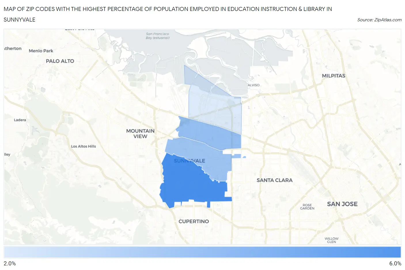 Zip Codes with the Highest Percentage of Population Employed in Education Instruction & Library in Sunnyvale Map