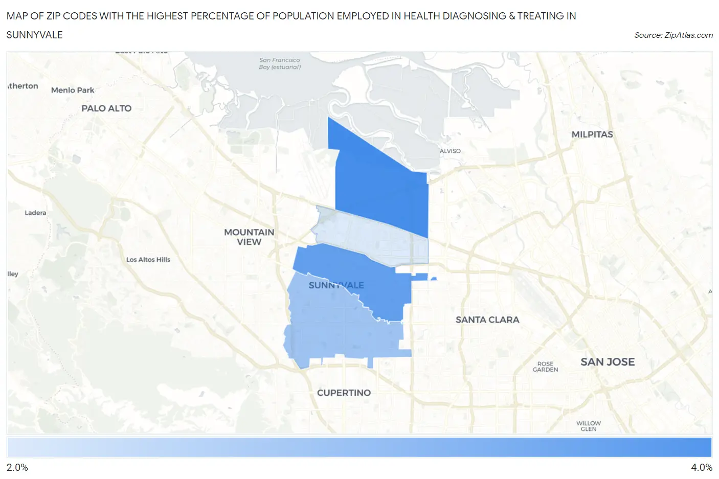 Zip Codes with the Highest Percentage of Population Employed in Health Diagnosing & Treating in Sunnyvale Map