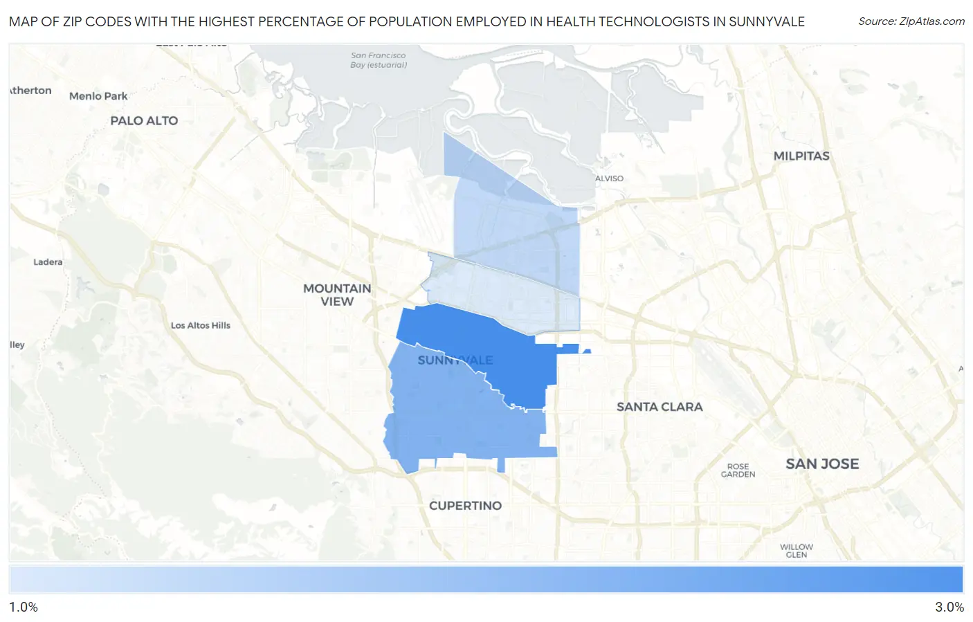 Zip Codes with the Highest Percentage of Population Employed in Health Technologists in Sunnyvale Map