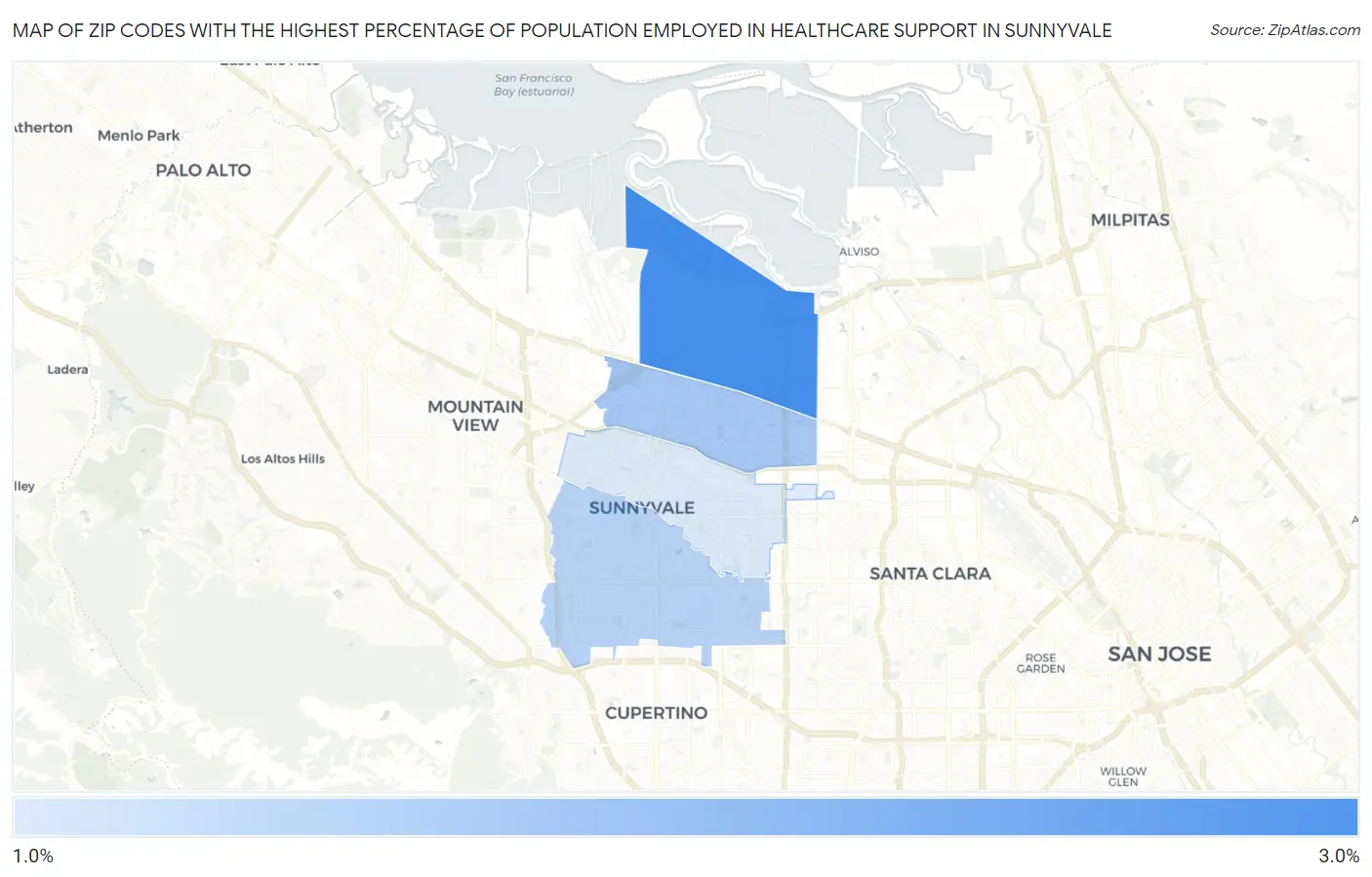 Zip Codes with the Highest Percentage of Population Employed in Healthcare Support in Sunnyvale Map