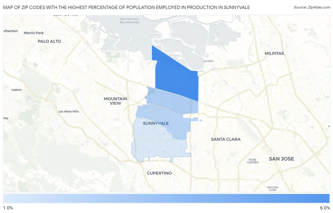 Zip Codes with the Highest Percentage of Population Employed in Production in Sunnyvale Map