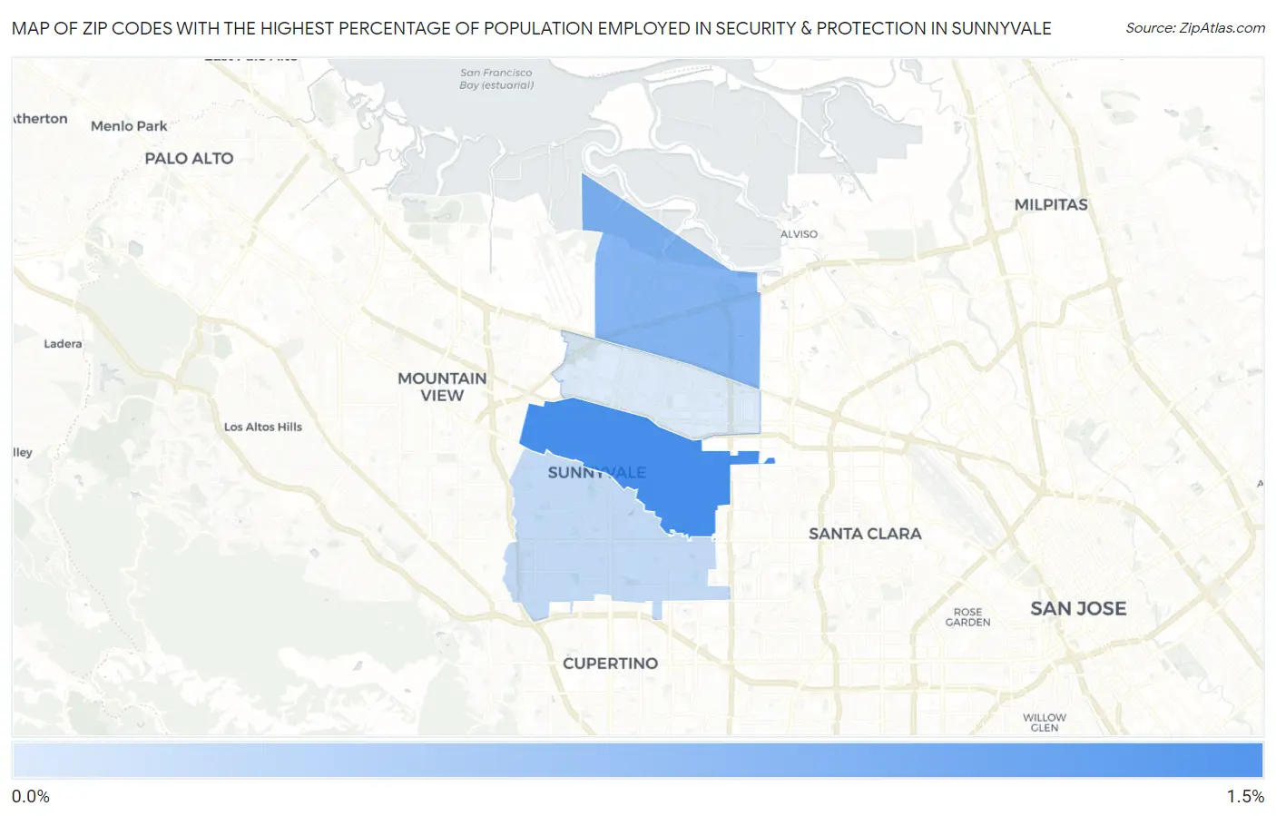 Zip Codes with the Highest Percentage of Population Employed in Security & Protection in Sunnyvale Map