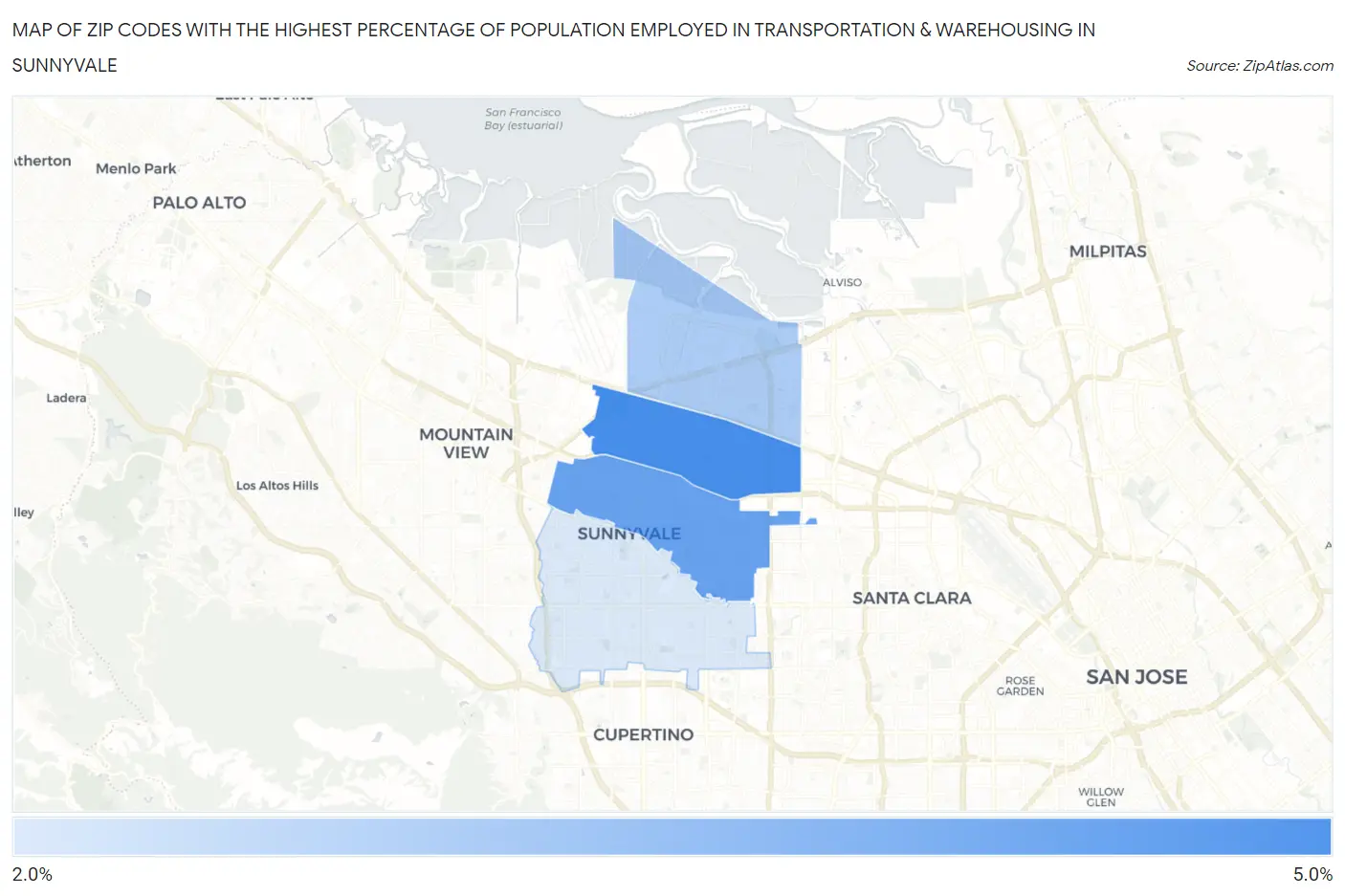 Zip Codes with the Highest Percentage of Population Employed in Transportation & Warehousing in Sunnyvale Map