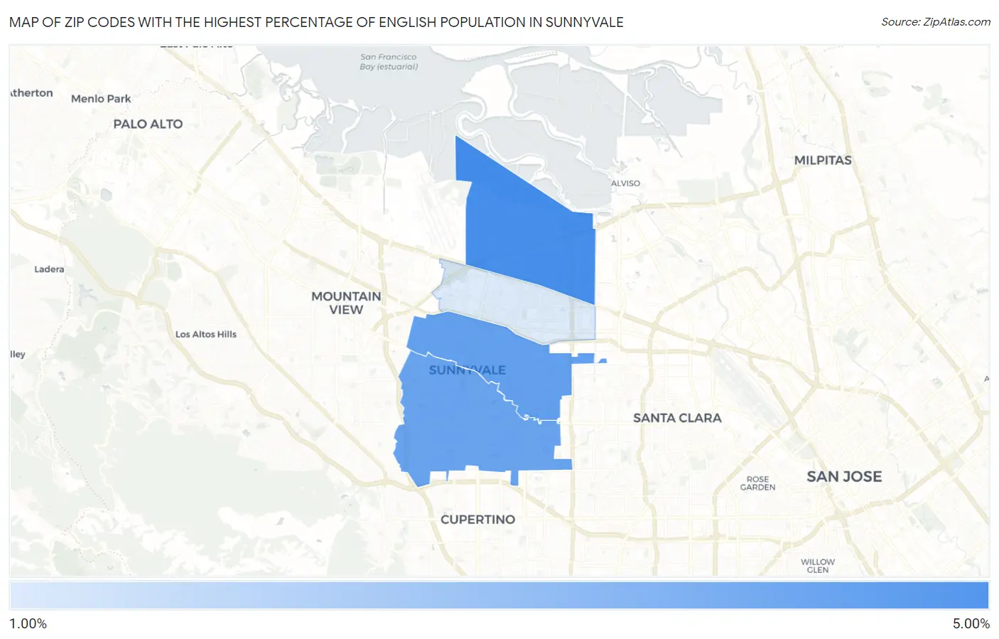 Zip Codes with the Highest Percentage of English Population in Sunnyvale Map