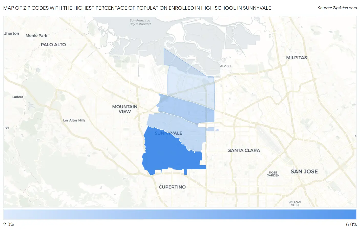 Zip Codes with the Highest Percentage of Population Enrolled in High School in Sunnyvale Map