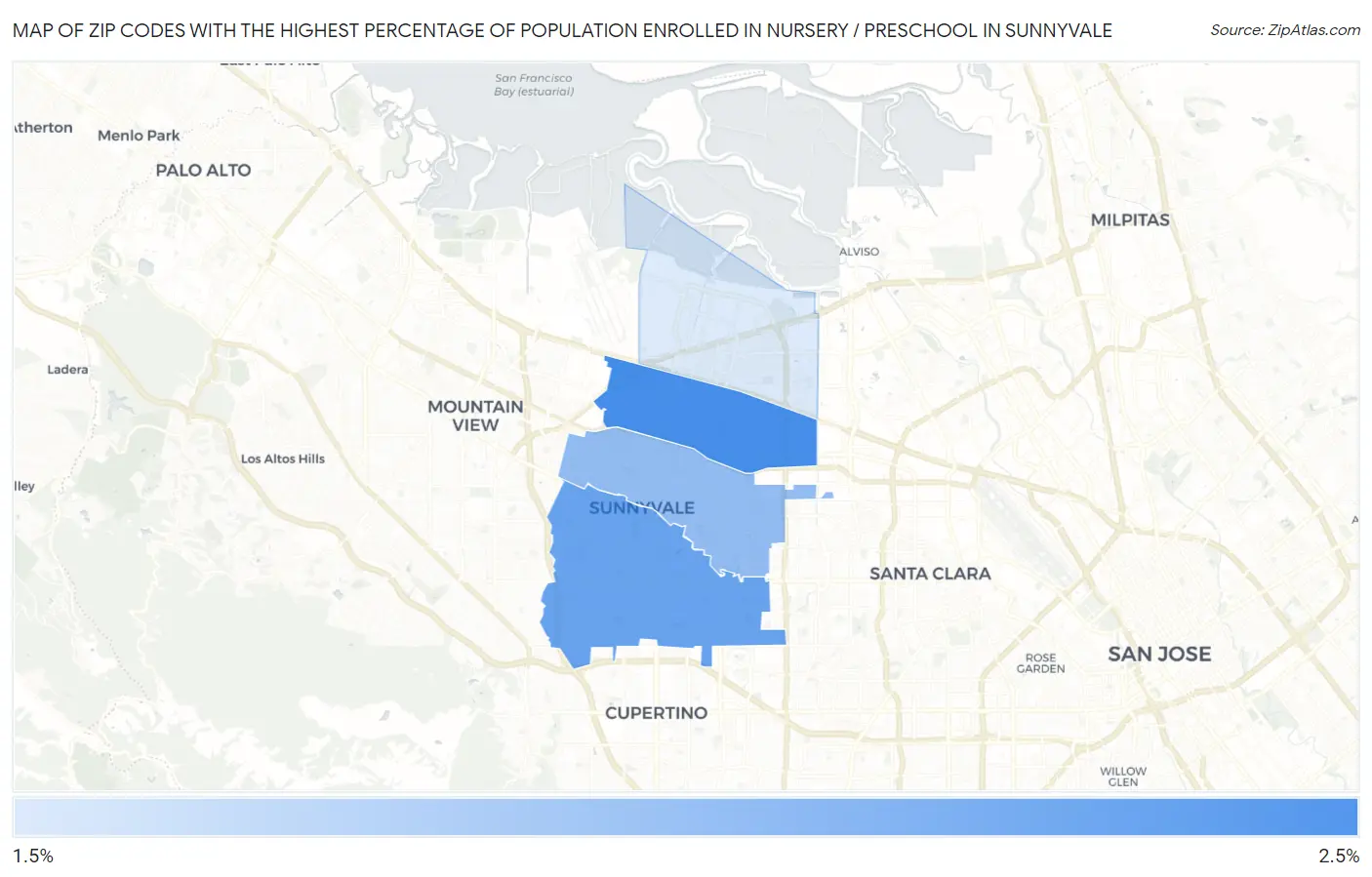 Zip Codes with the Highest Percentage of Population Enrolled in Nursery / Preschool in Sunnyvale Map