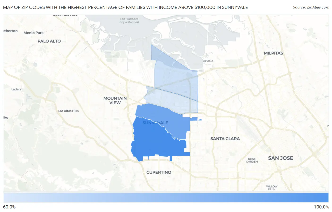 Zip Codes with the Highest Percentage of Families with Income Above $100,000 in Sunnyvale Map