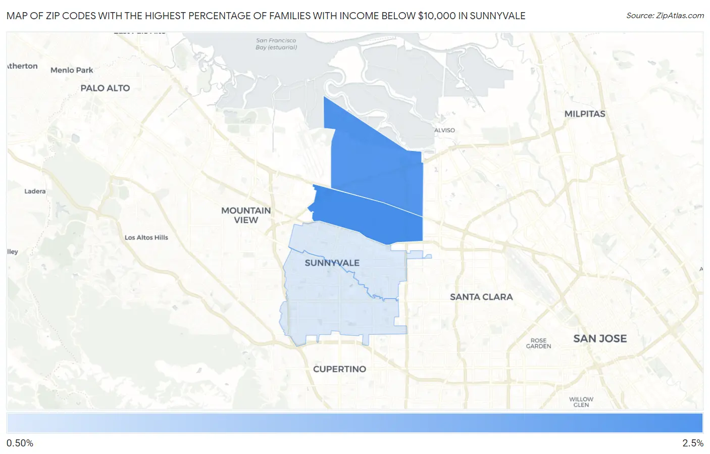 Zip Codes with the Highest Percentage of Families with Income Below $10,000 in Sunnyvale Map