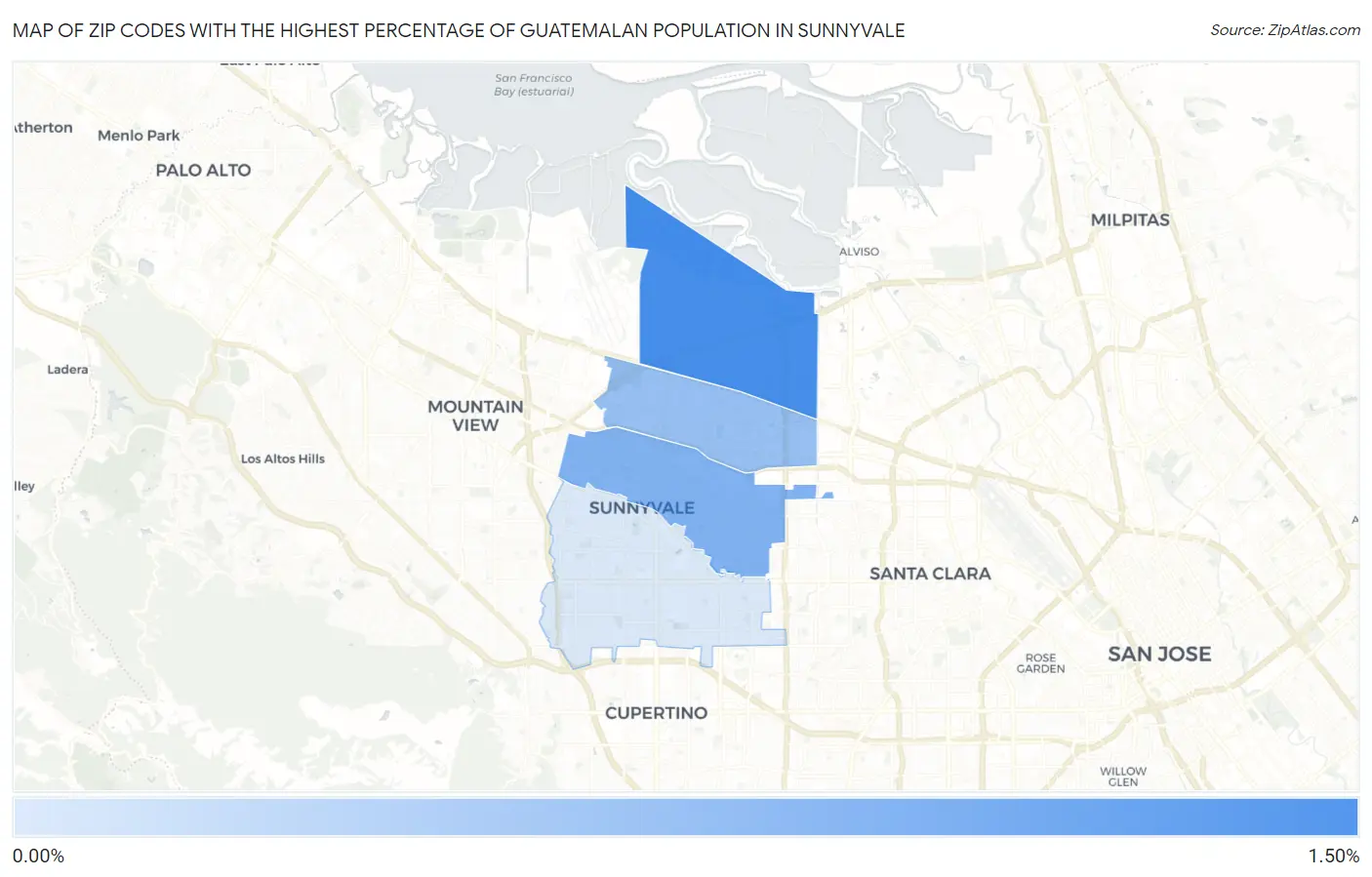 Zip Codes with the Highest Percentage of Guatemalan Population in Sunnyvale Map