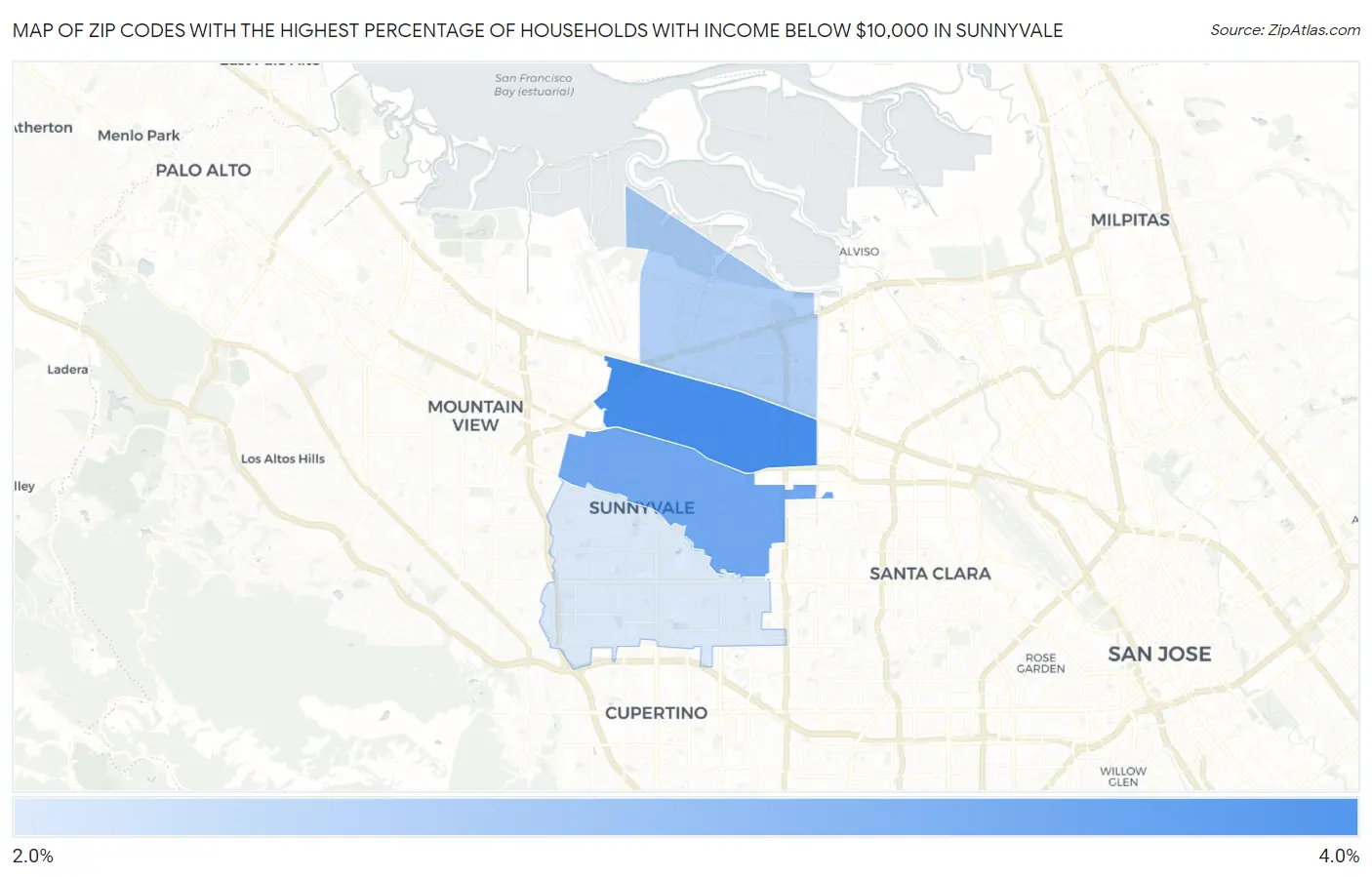Zip Codes with the Highest Percentage of Households with Income Below $10,000 in Sunnyvale Map