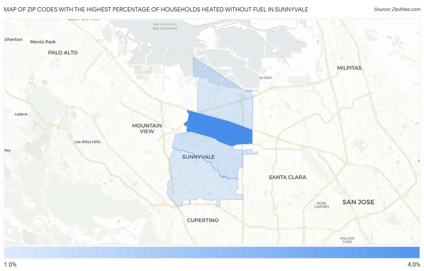 Zip Codes with the Highest Percentage of Households Heated without Fuel in Sunnyvale Map