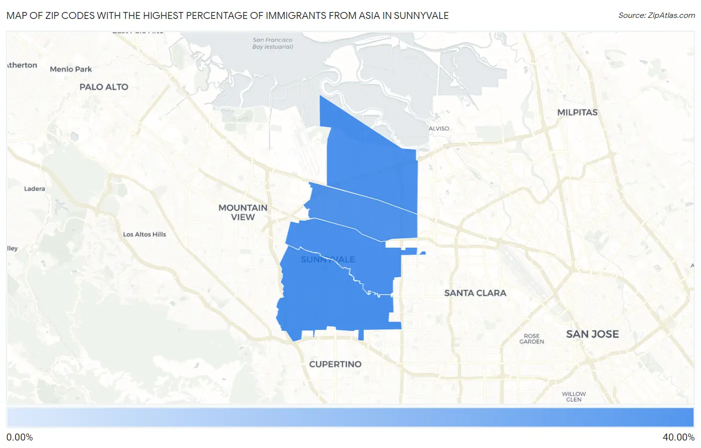 Zip Codes with the Highest Percentage of Immigrants from Asia in Sunnyvale Map