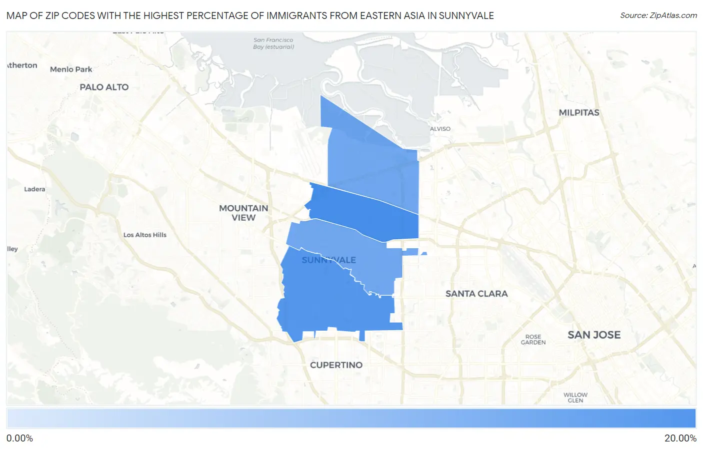 Zip Codes with the Highest Percentage of Immigrants from Eastern Asia in Sunnyvale Map