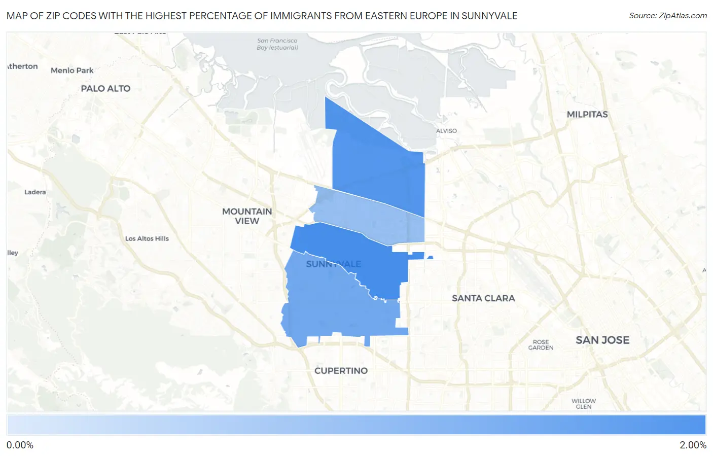 Zip Codes with the Highest Percentage of Immigrants from Eastern Europe in Sunnyvale Map