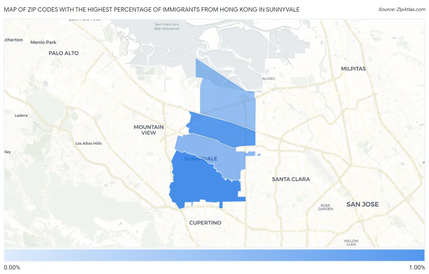 Zip Codes with the Highest Percentage of Immigrants from Hong Kong in Sunnyvale Map