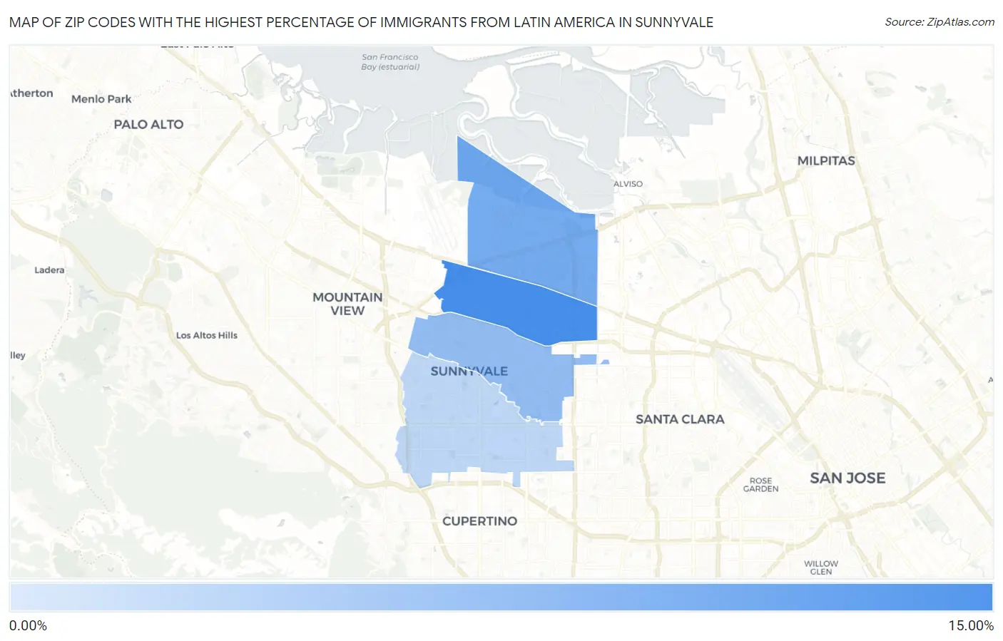 Zip Codes with the Highest Percentage of Immigrants from Latin America in Sunnyvale Map